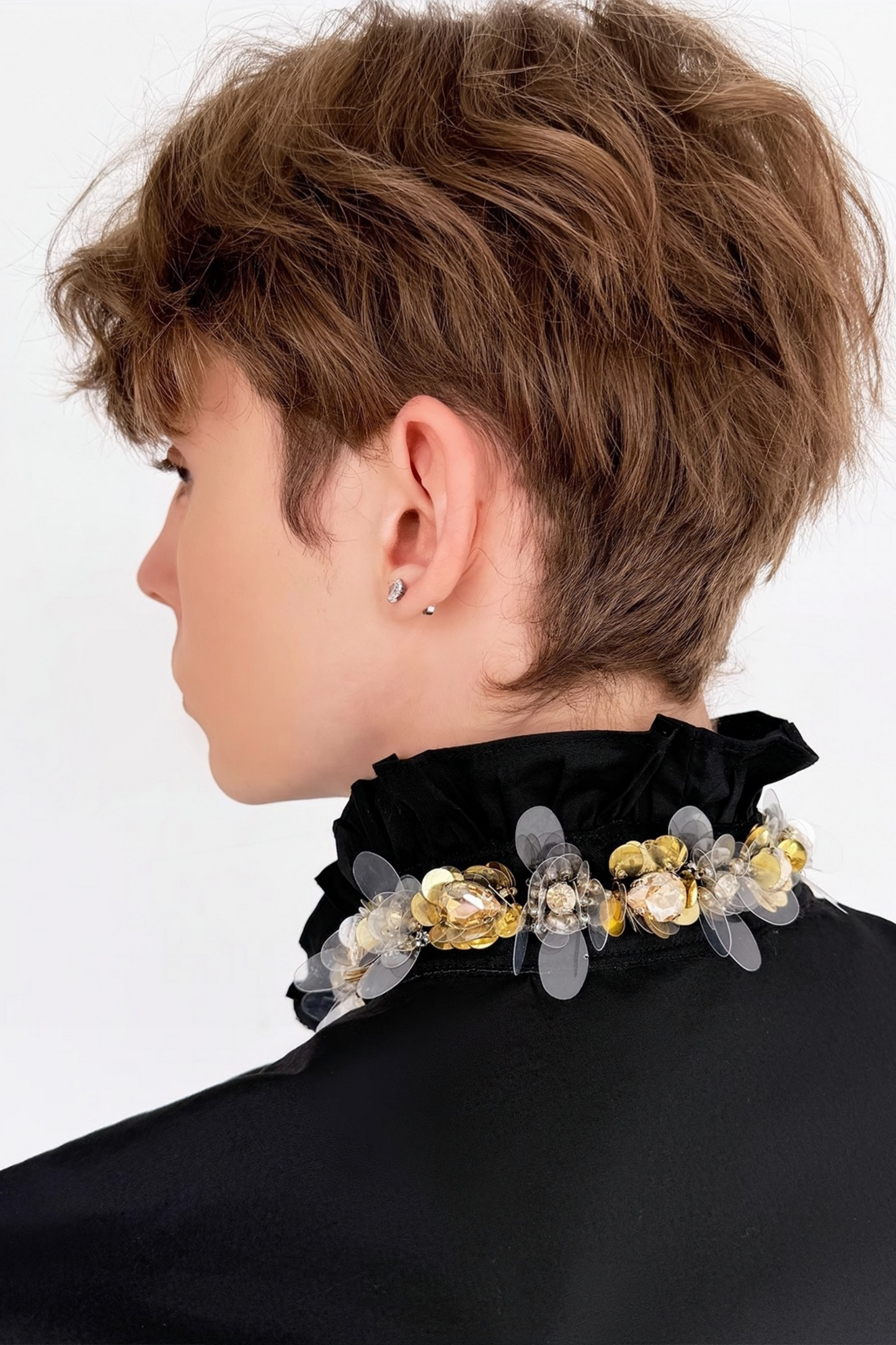 Yoris black floral-appliqué crystal-embellishment shirt