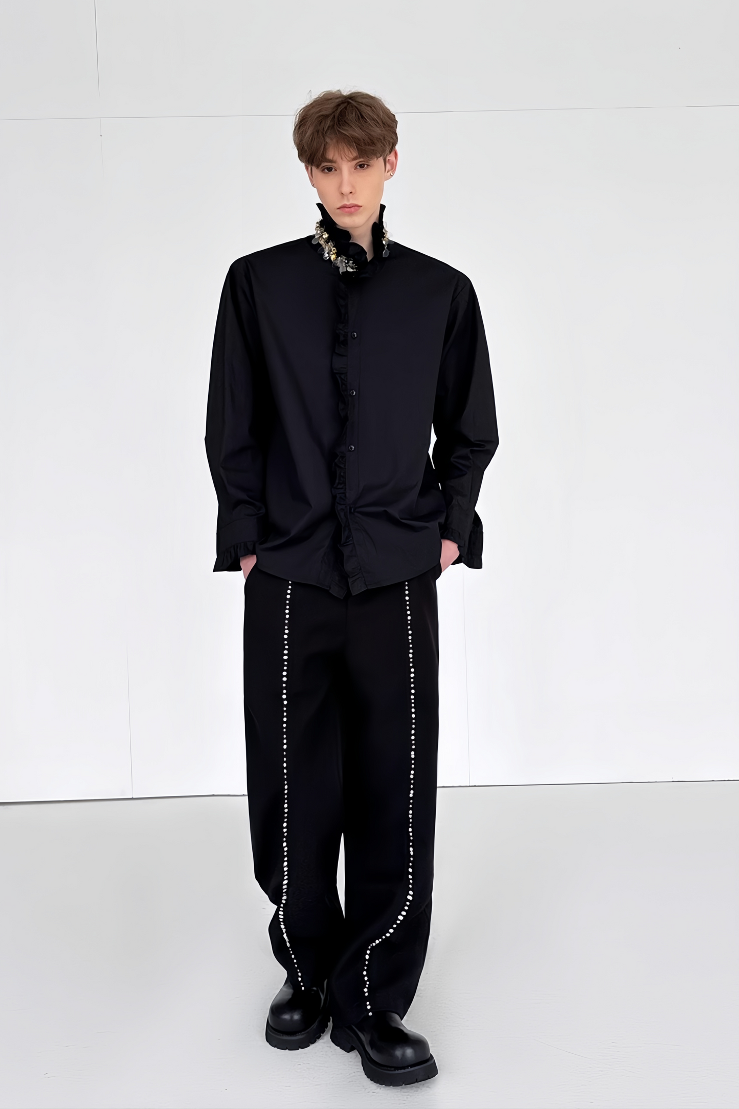 Yoris black floral-appliqué crystal-embellishment shirt