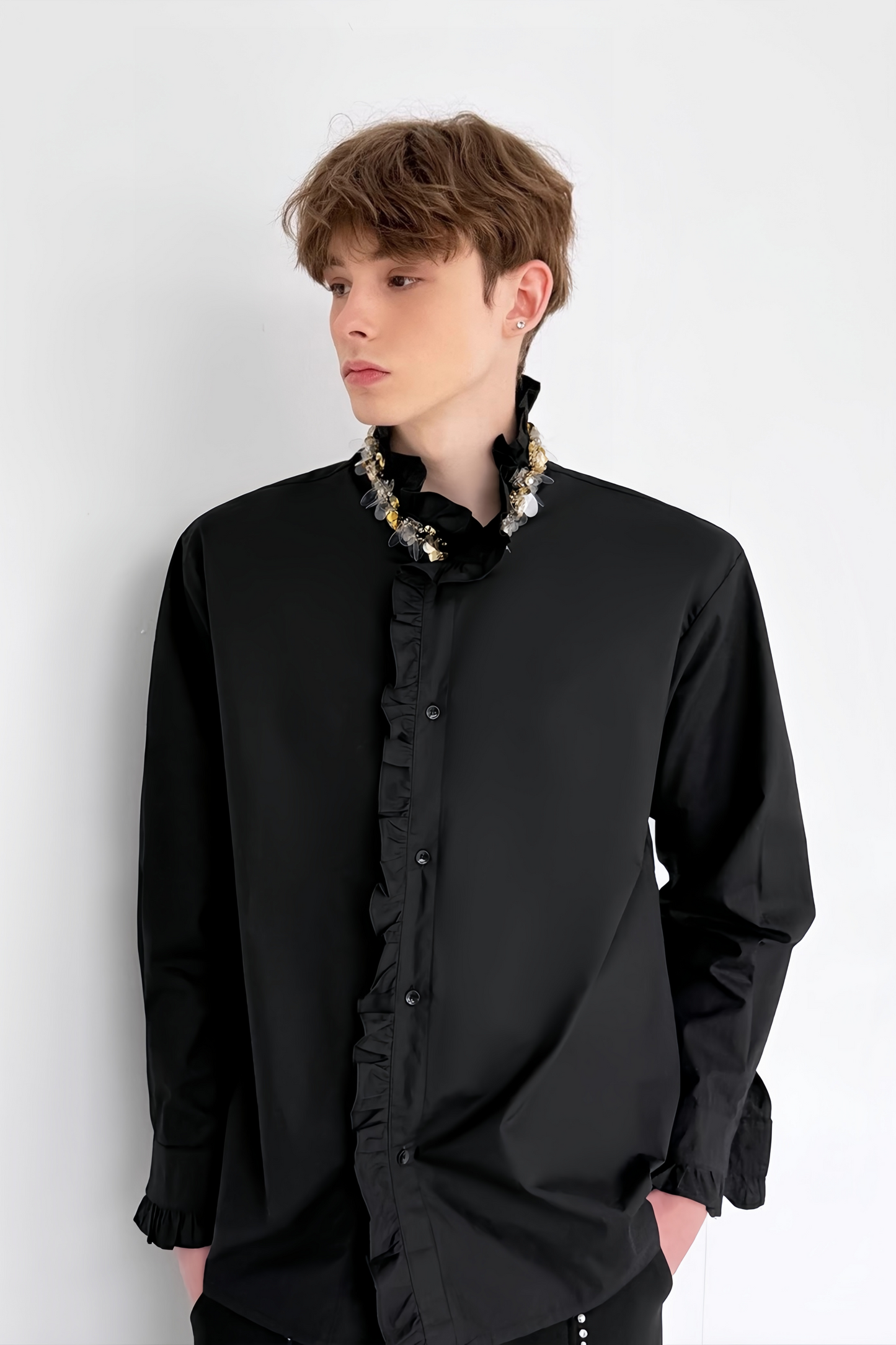 Yoris black floral-appliqué crystal-embellishment shirt