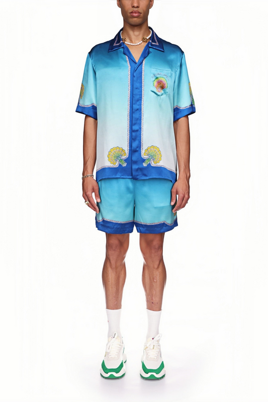 Leo blue gradient floral short-sleeve shirt