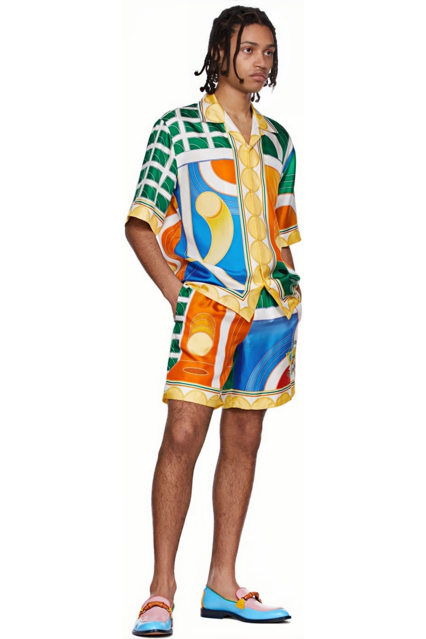 Édouard yellow color block satin short-sleeve shirt